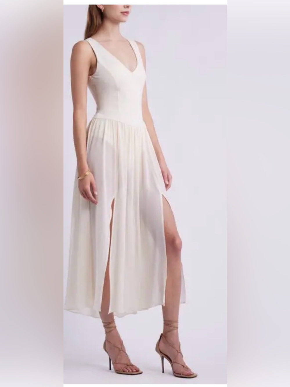 Open Edit Cream Medium Dress - solid, bodice sheer skirt